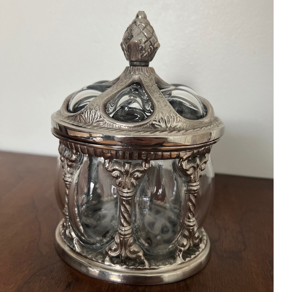 Vintage Art Nouveau Silver Metal Glass Apothecary Jar Trinket Box Vanity Decor